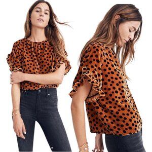 Madewell Velvet Polkadot Top Sz.S Memento Ruffle-Sleeve Tan Black Boho